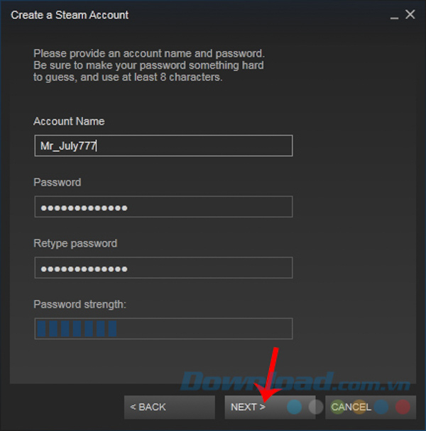Sử dụng mật khẩu mạnh tạo tài khoản Steam
