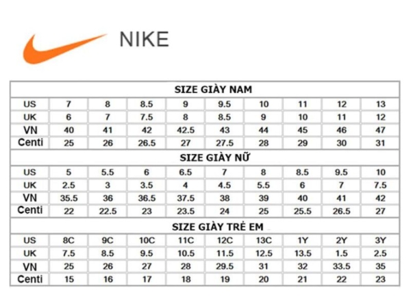 Bảng quy đổi size giày đá bóng nam, nữ Nike