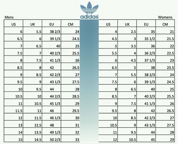 Bảng quy đổi size giày đá bóng nam, nữ Adidas